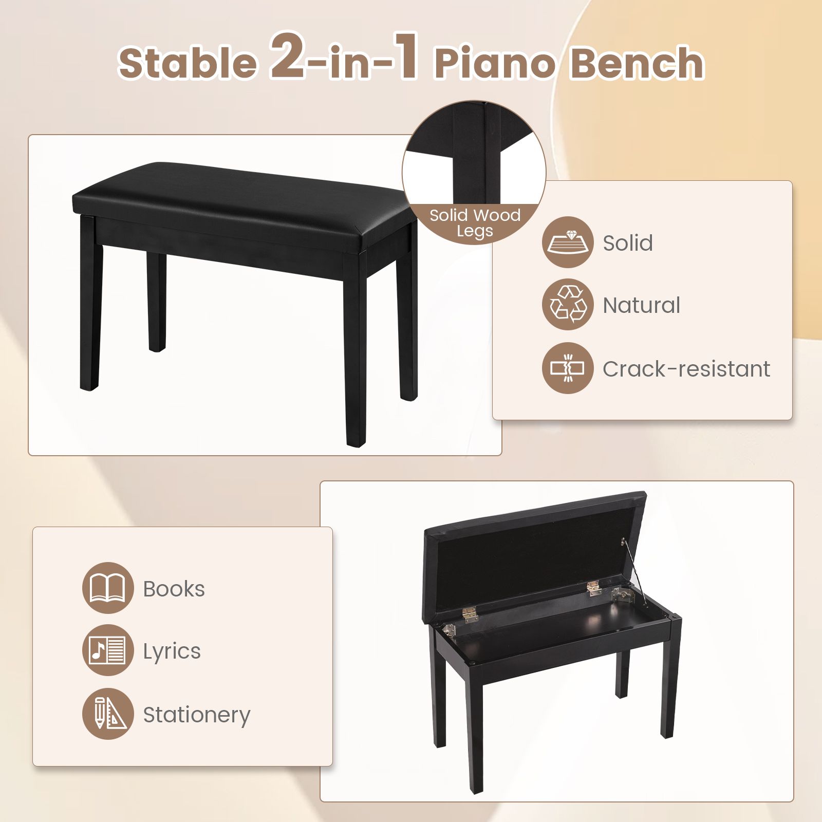 2-in-1 Padded Piano Bench with Storage Space Black